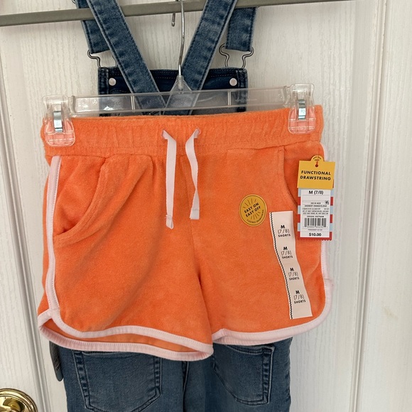 3 of NWT Cat&Jack Stretch Girls Blue Jean Overall, 2 Orange Shotrs, Sz M (7, 8) - Picture 5 of 16